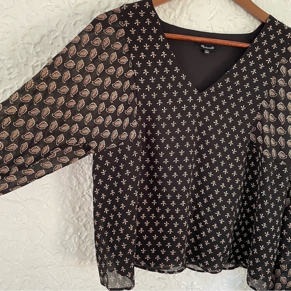 Women’s Madewell Sheer-Sleeve Top in Brushstroke Paisley Mix Size Small Black - Picture 3 of 10